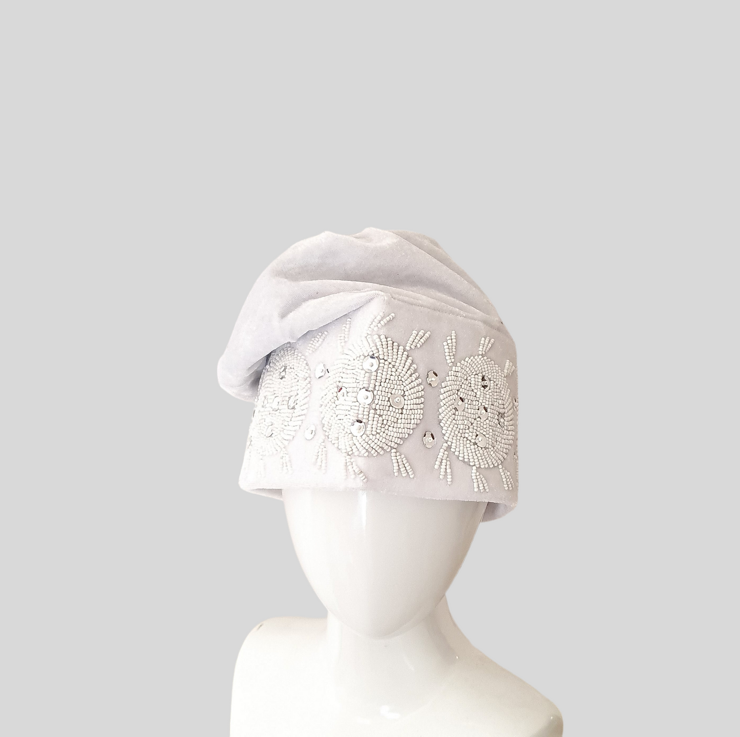 white velvet Yoruba beaded hat