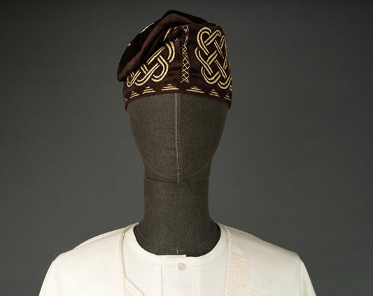 Brown velvet/Aran handknit yoruba mens cap