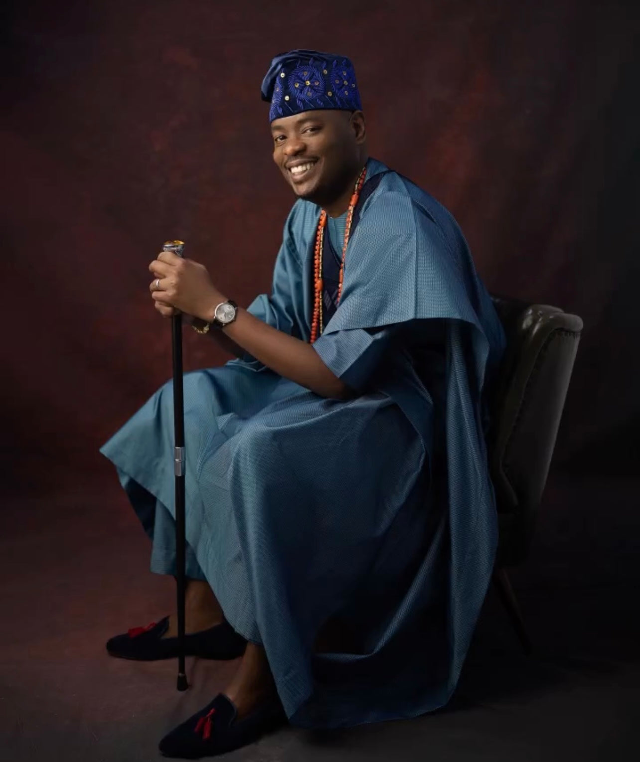 Dark blue and gold beaded yoruba royal cap