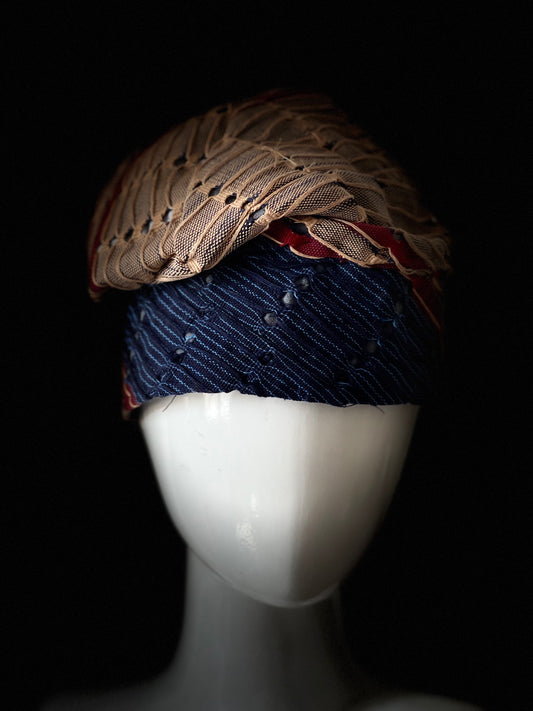 Brown and blue mixed  Jawu Nigerian traditional Aso Oke cap